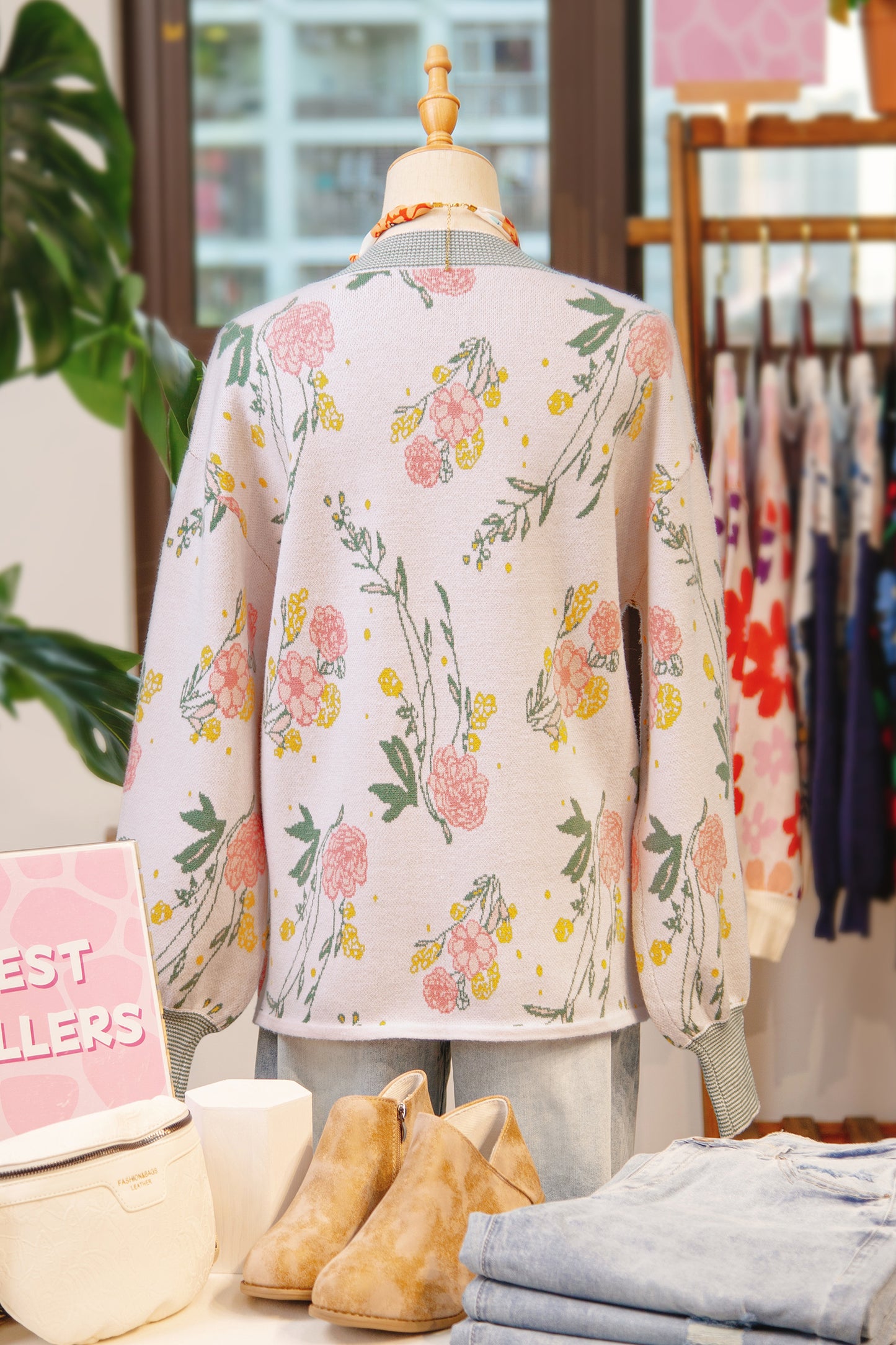 Floral Stripe Contrast V-Neck Sweater