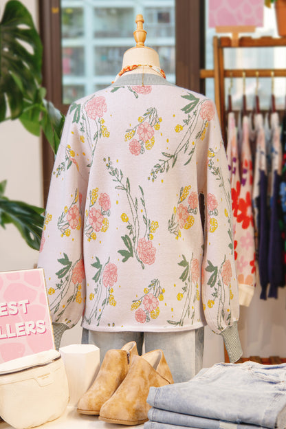 Floral Stripe Contrast V-Neck Sweater