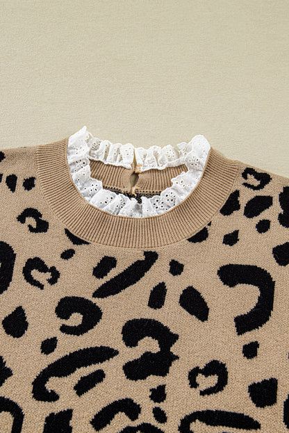 Plus Size Leopard Knit Lacy Trim Long Sleeve Sweater