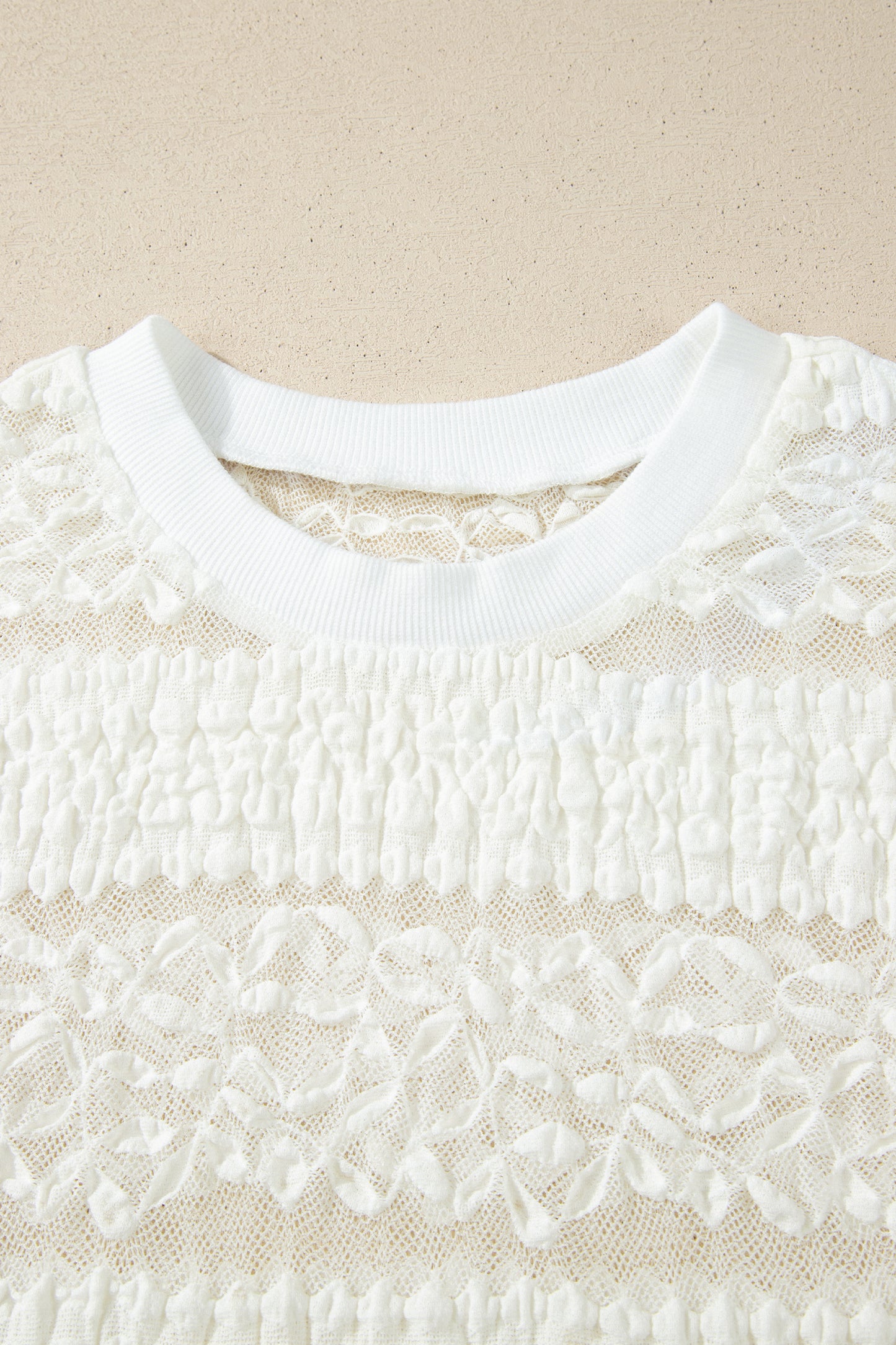Sheer Lace Textured Patchwork Short Sleeve Top
