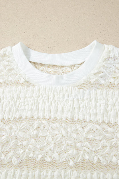 Sheer Lace Textured Patchwork Short Sleeve Top