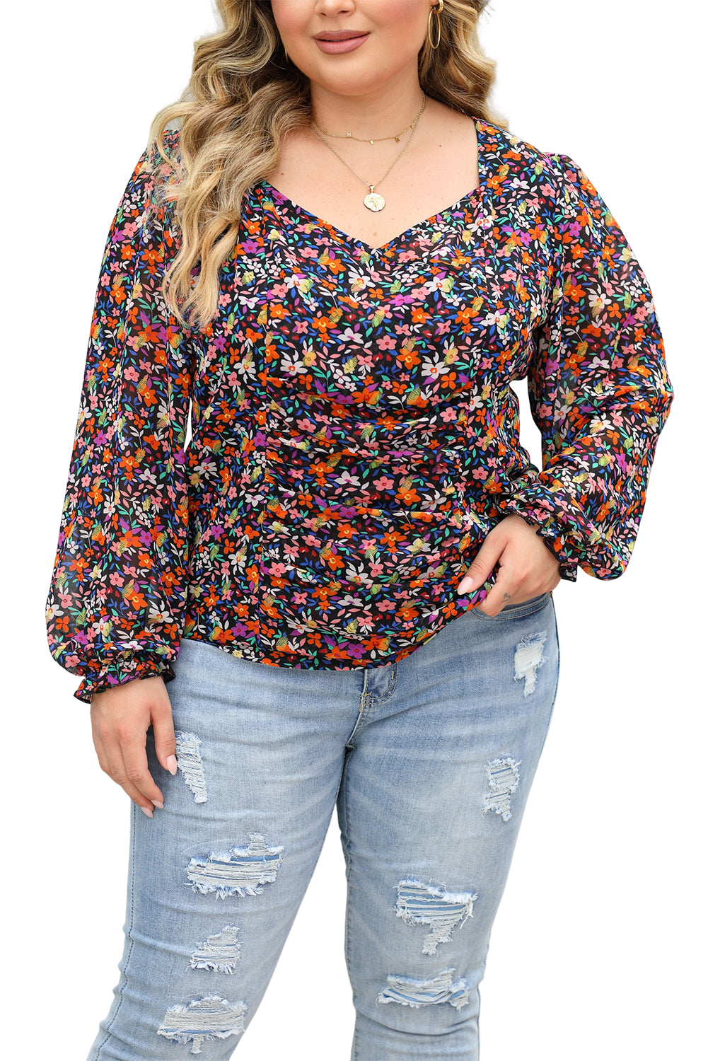 Plus Size Floral Bubble Sleeve Blouse