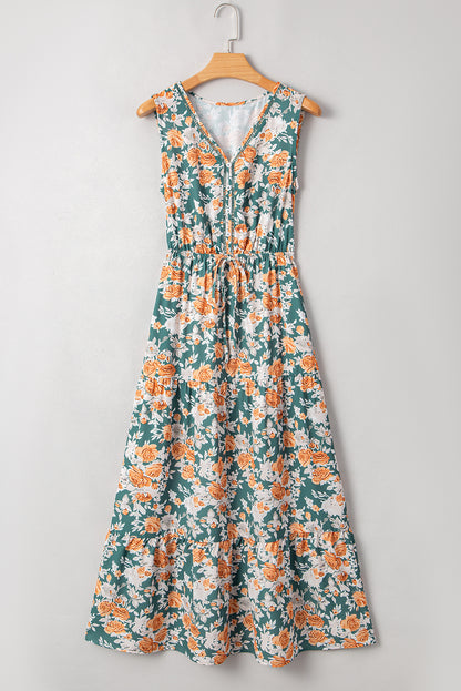 Floral Buttoned V-Neck Tie Waist Maxi Dress