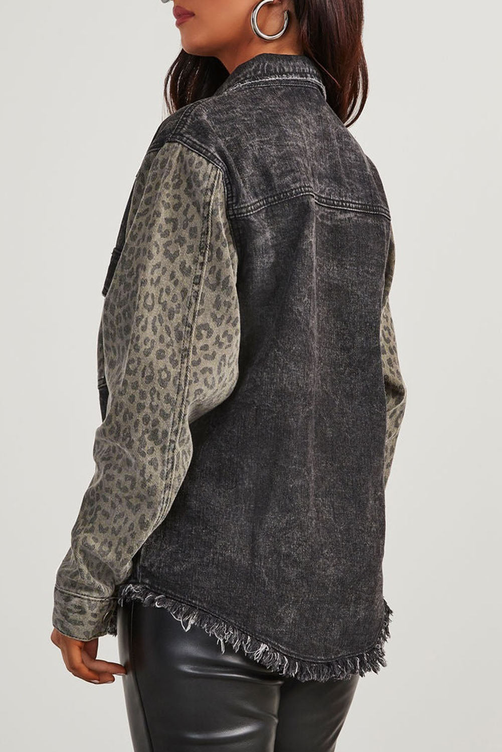 Leopard Denim Patchwork Raw Hem Jacket