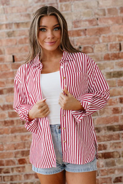 Stripe Patch Pocket Side Slit Buttoned Shirt