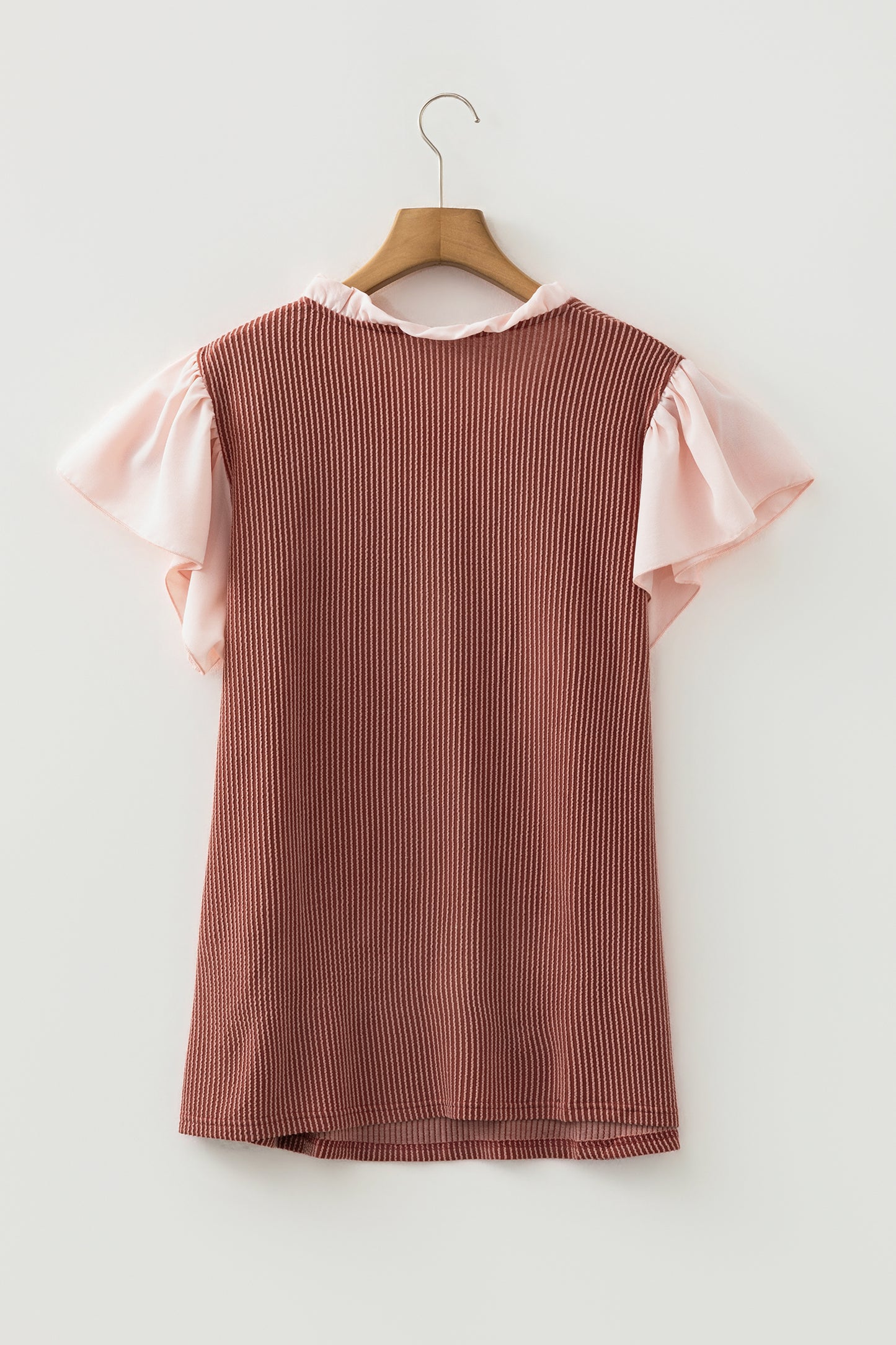 Plus Size Colorblock Corded Knit Ruffle Sleeve Blouse