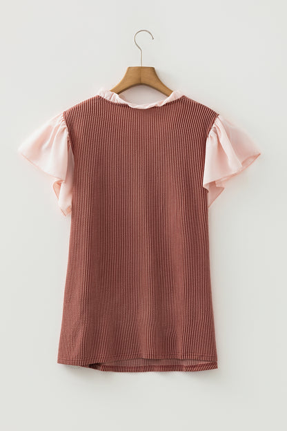 Plus Size Colorblock Corded Knit Ruffle Sleeve Blouse