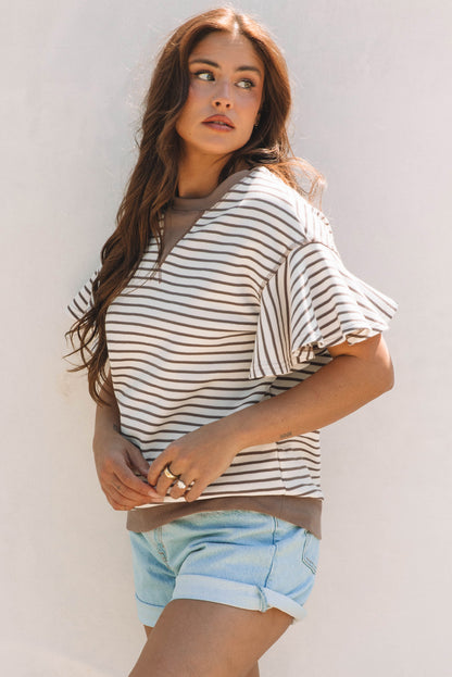 Stripe Contrast Detail Ruffle Short Sleeve Top