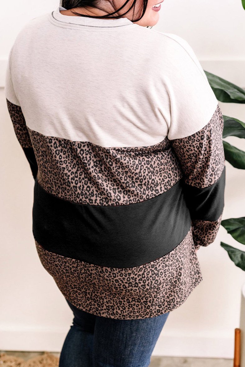 Plus Size Leopard Colorblock Long Sleeve Top