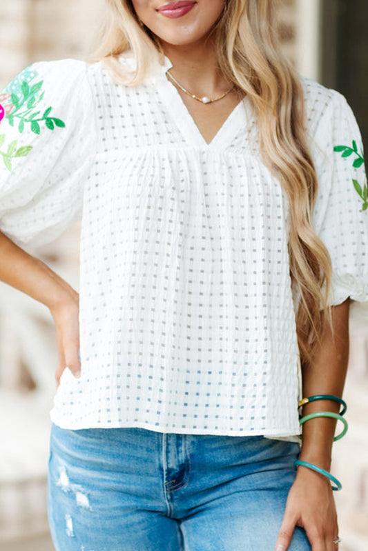 Floral Embroidered Puff Sleeve Blouse