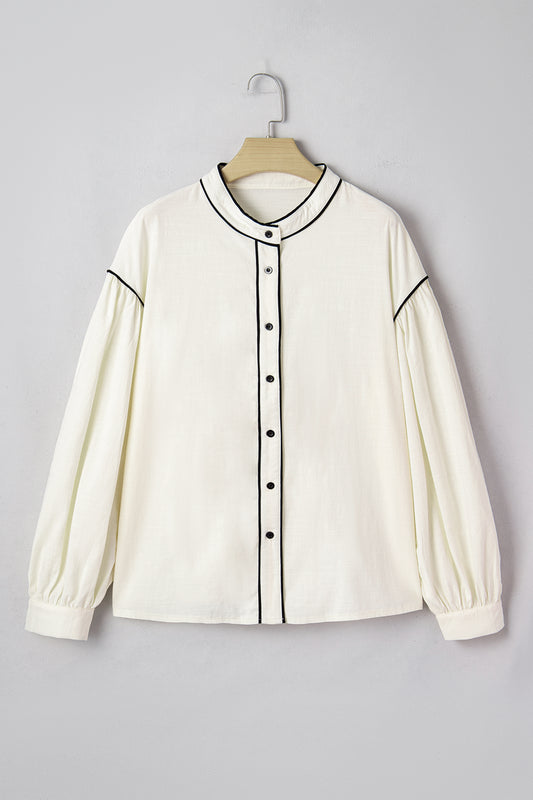 Contrast Trim Buttoned Long Puff Sleeve Shirt