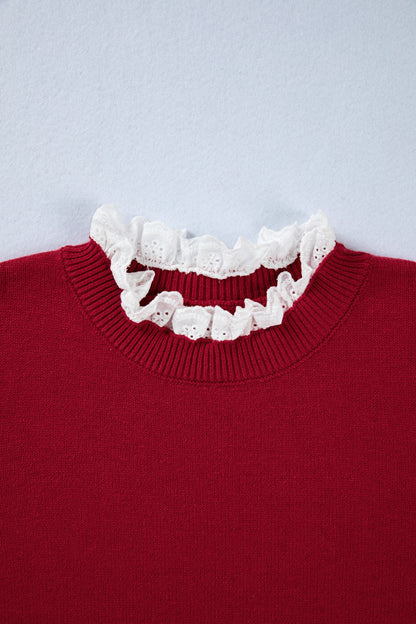 Lace Trim Patchwork Buttoned Cuff Sweater