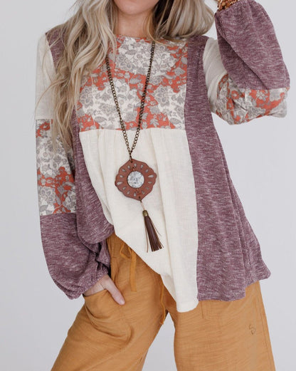 Floral Colorblock Bubble Sleeve Top