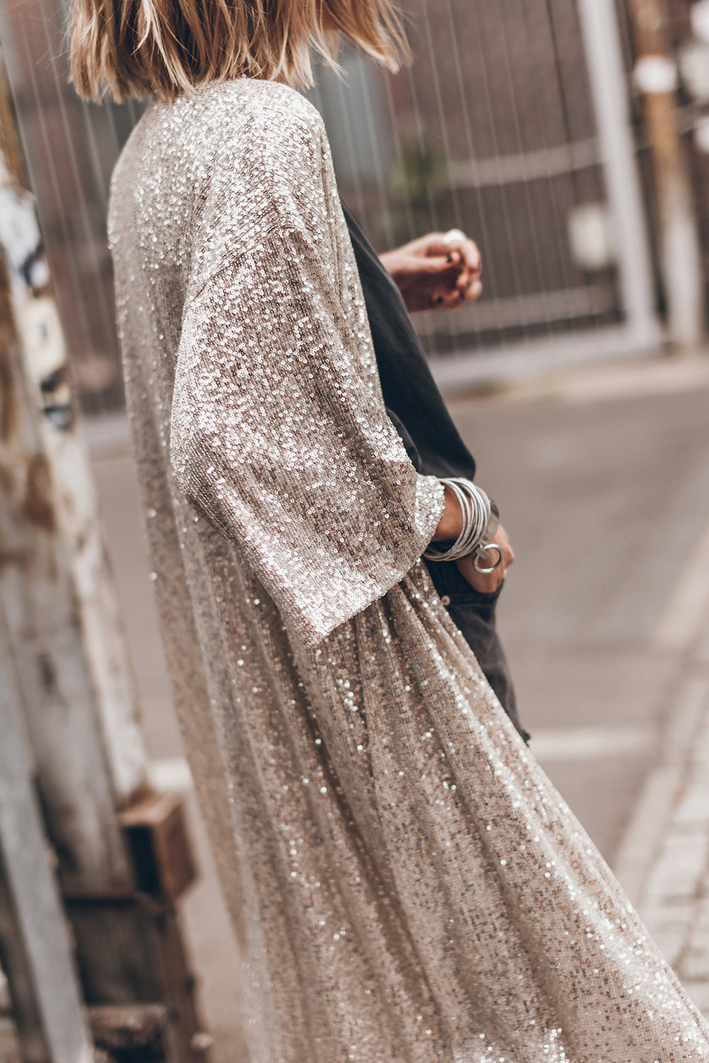 Sequin 3/4 Sleeve Duster Kimono