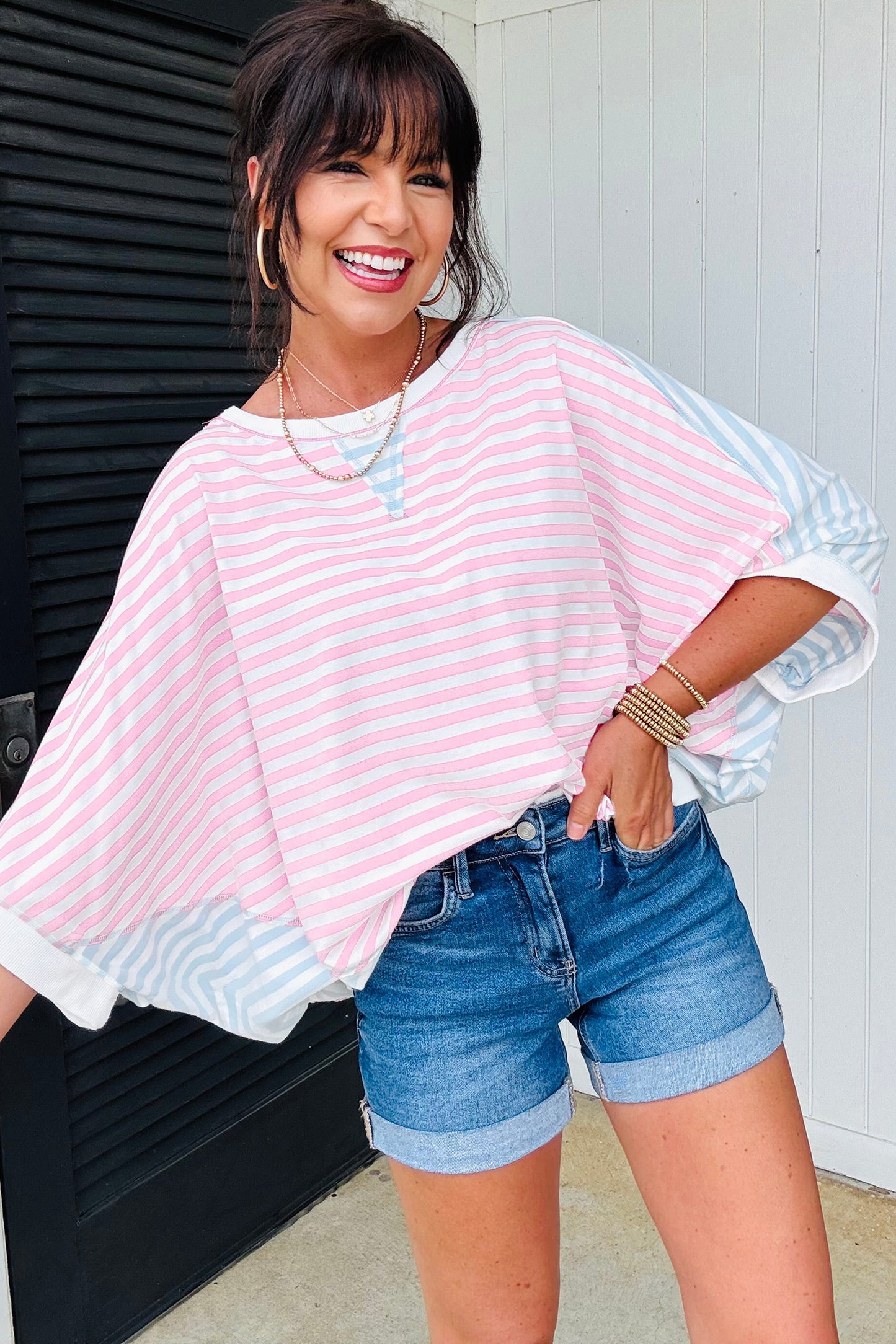 Stripe Oversize Dolman Sleeve Patchwork T-Shirt
