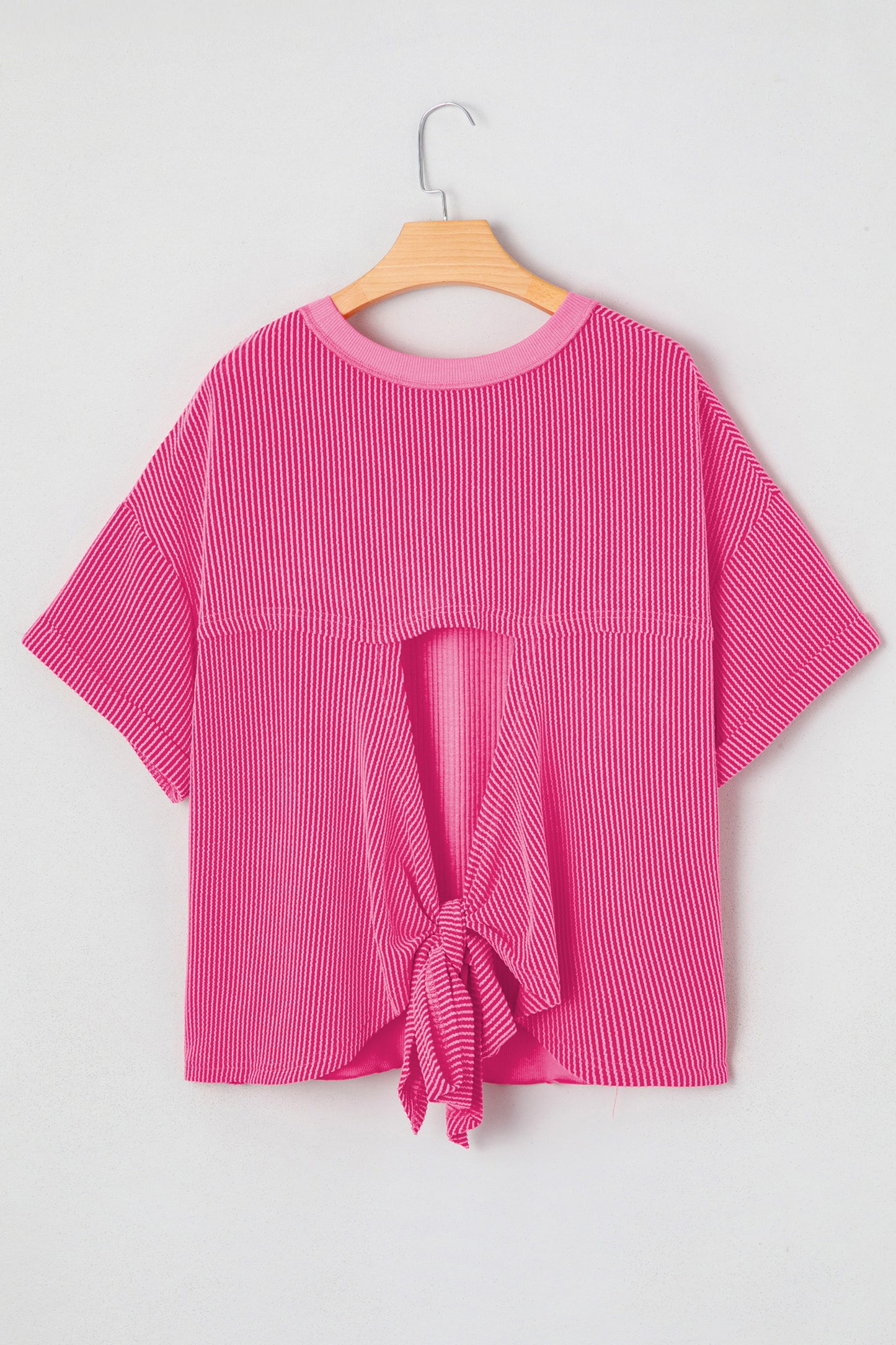 Corded Knit Cutout Bow Tie Back T-Shirt