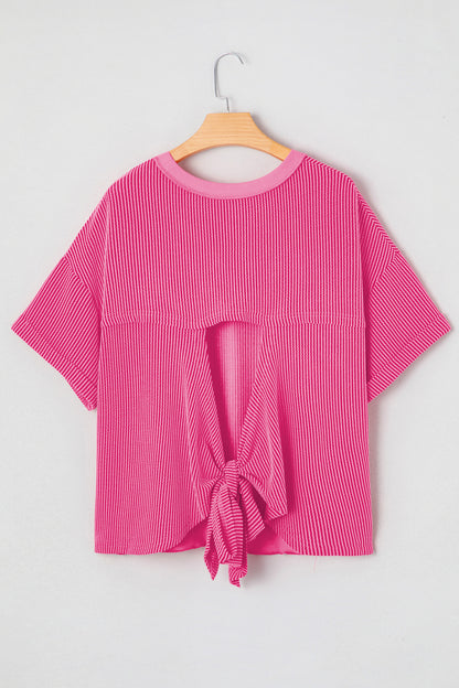 Corded Knit Cutout Bow Tie Back T-Shirt