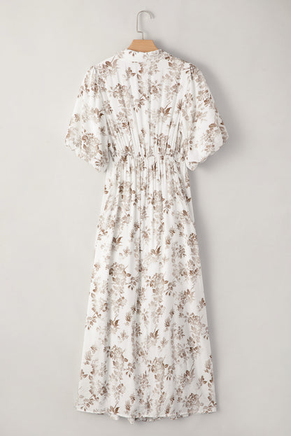 Floral Puff Sleeve V-Neck Buttoned Front Dress