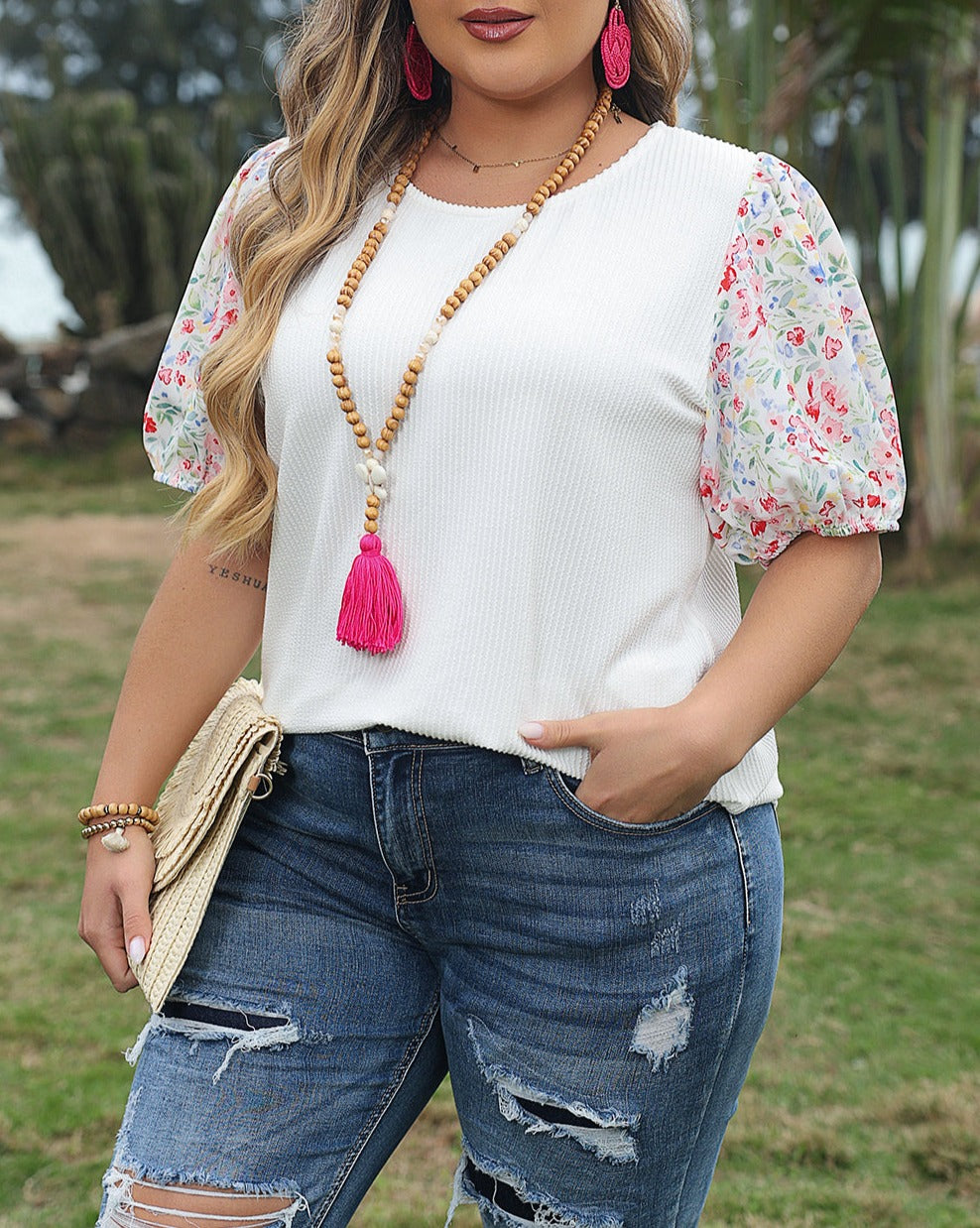 Ribbed Floral Puff Sleeve Blouse Plus Size