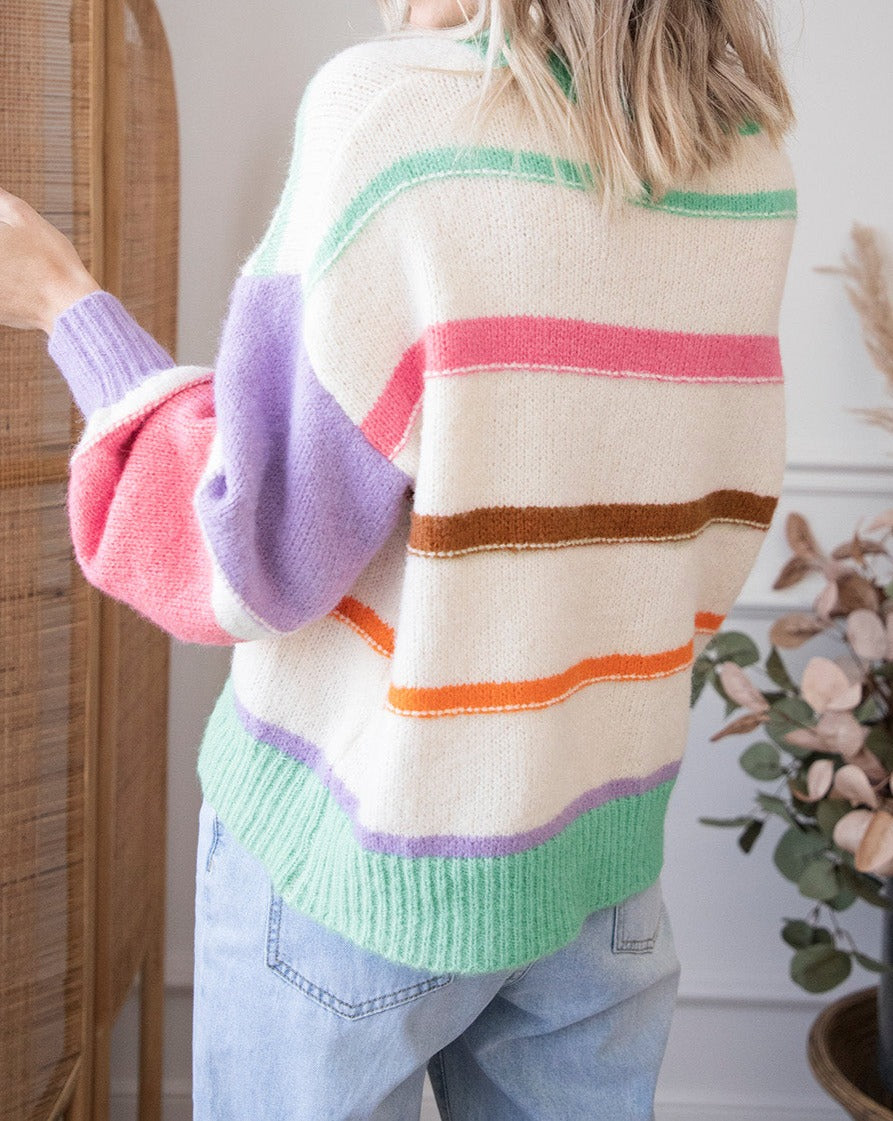 Multicolor Stripe Puff Sleeve Sweater