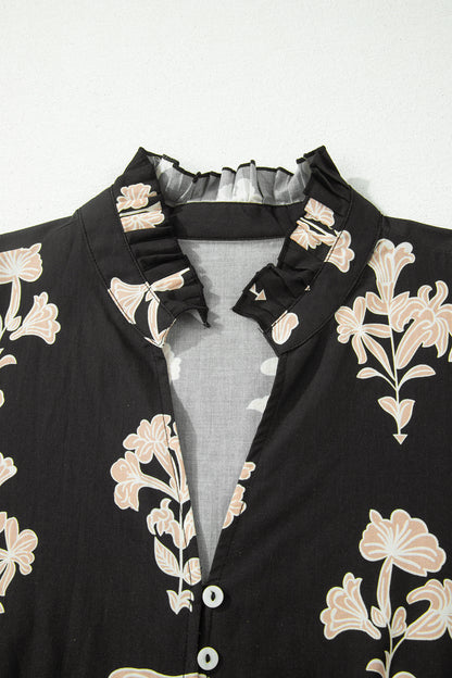 Floral Frilled V-Neck Puff Sleeve Mini Dress