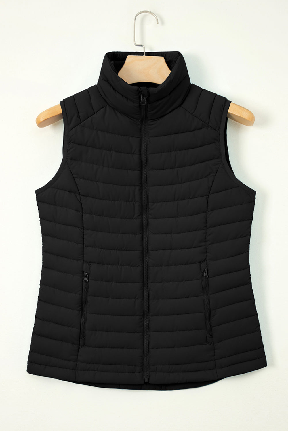 Solid Plush Standing Collar Zip Up Puffer Vest