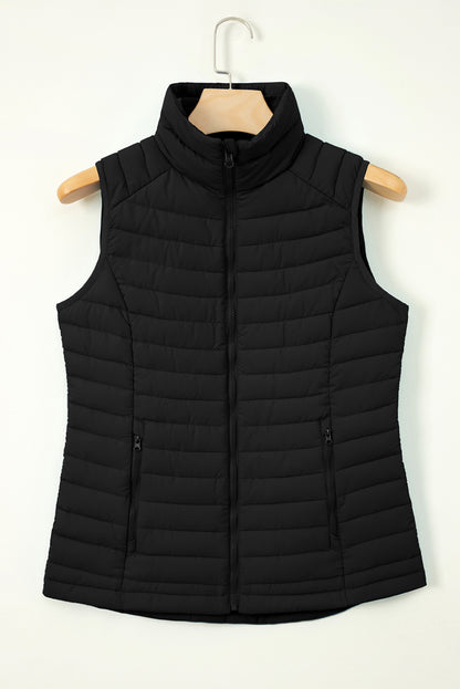 Solid Plush Standing Collar Zip Up Puffer Vest