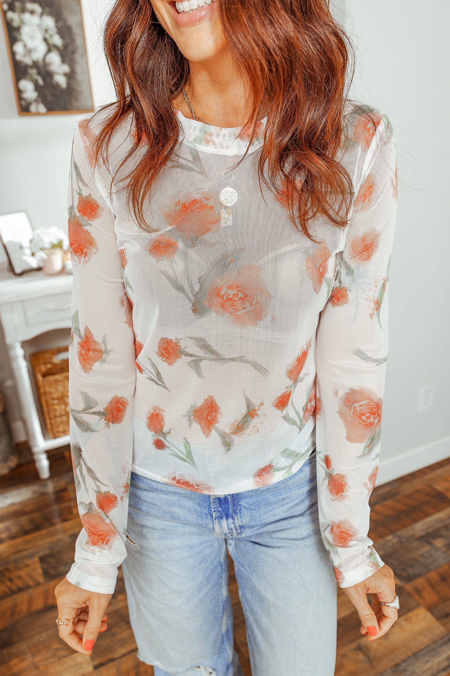Floral Mesh Round Neck Long Sleeve Top