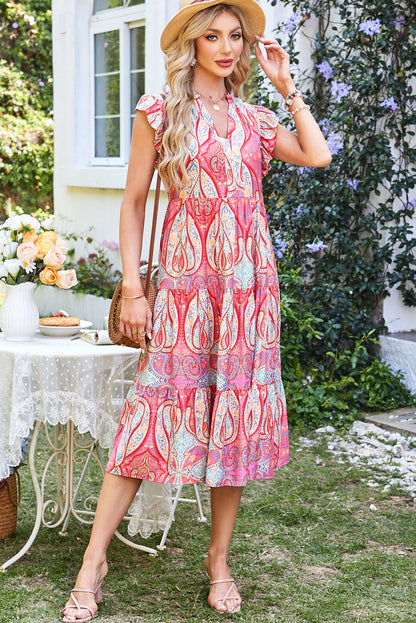 Tribal Paisley Ruffle Sleeve Notch Neck Midi Dress