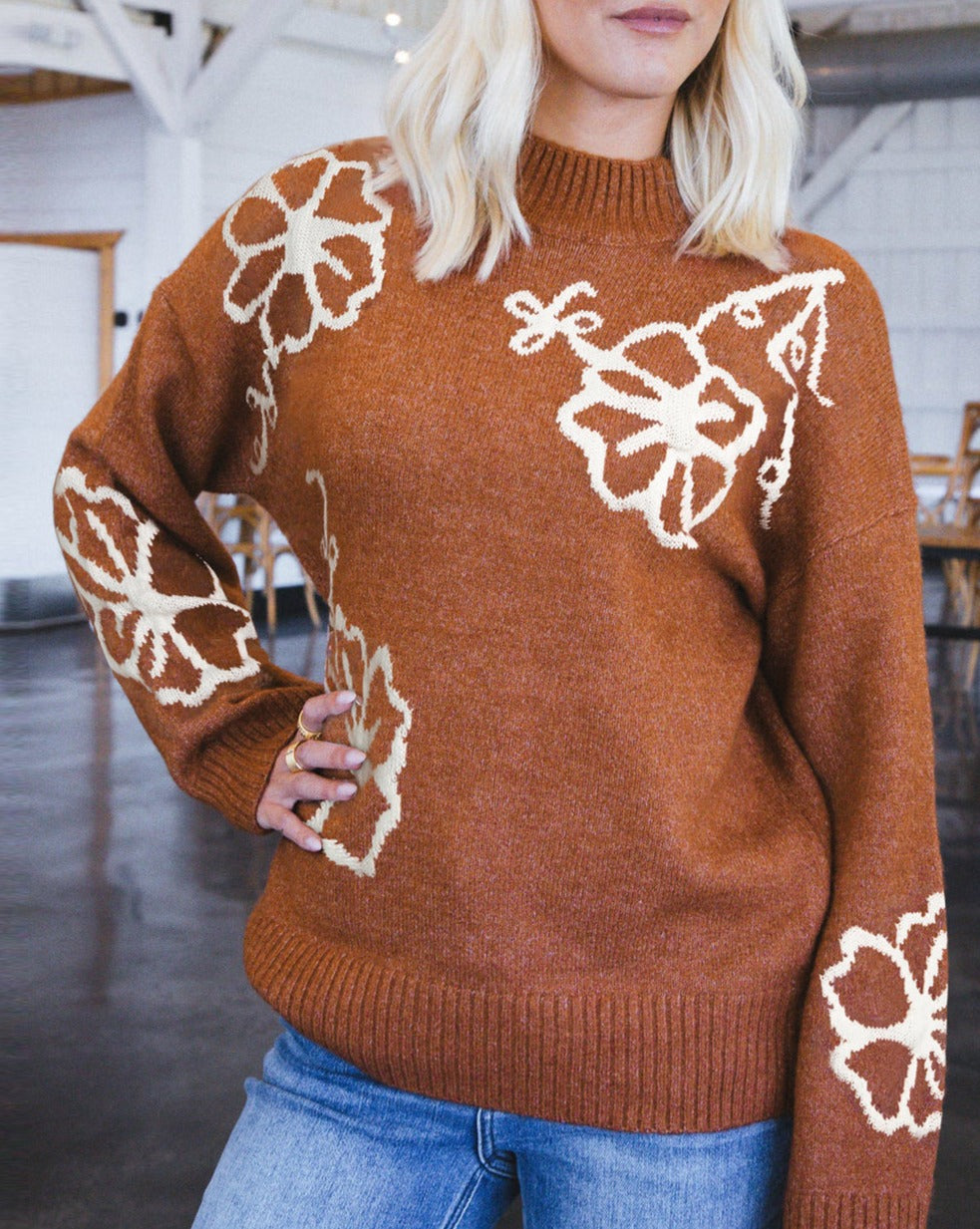 Floral Ribbed Trim Mock Neck Sweater