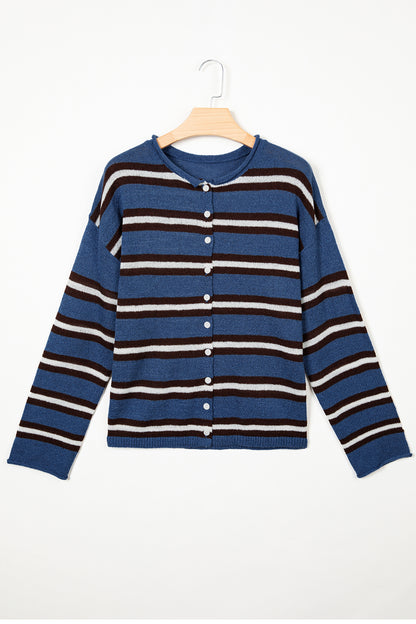 Stripe Drop Shoulder Buttoned Knit Cardigan
