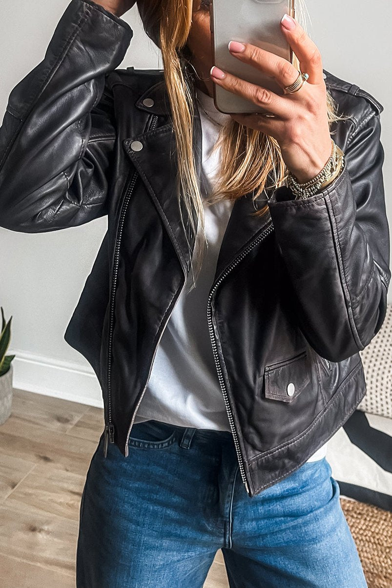 Leather Lapel Collar Zip Up Jacket