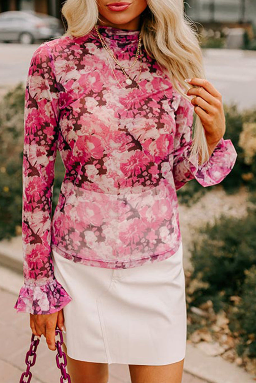 Floral Mesh Mock Neck Blouse