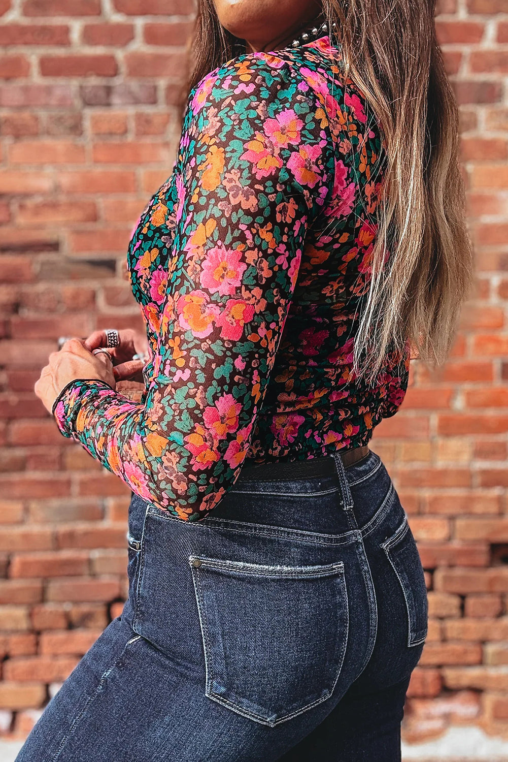 Floral Mesh Long Sleeve Mock Neck Top