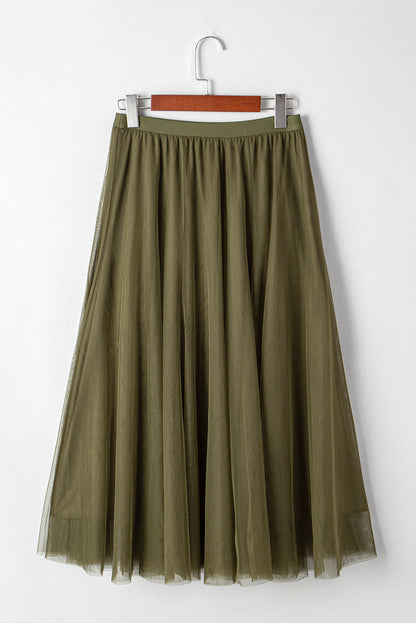 Solid Tulle Mesh Overlay Flared Midi Skirt