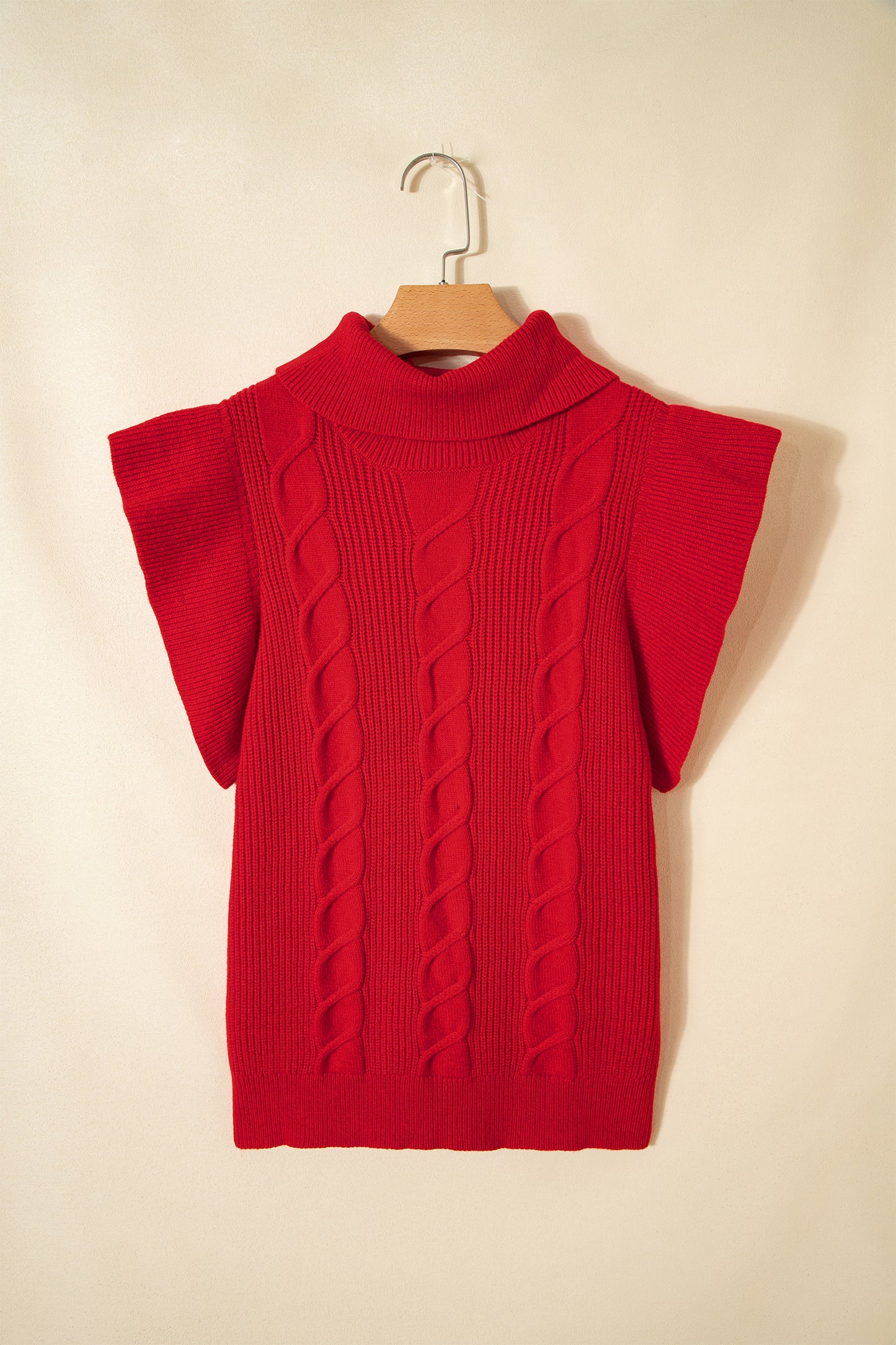 Cable Knit Turtleneck Ruffle Short Sleeve Sweater