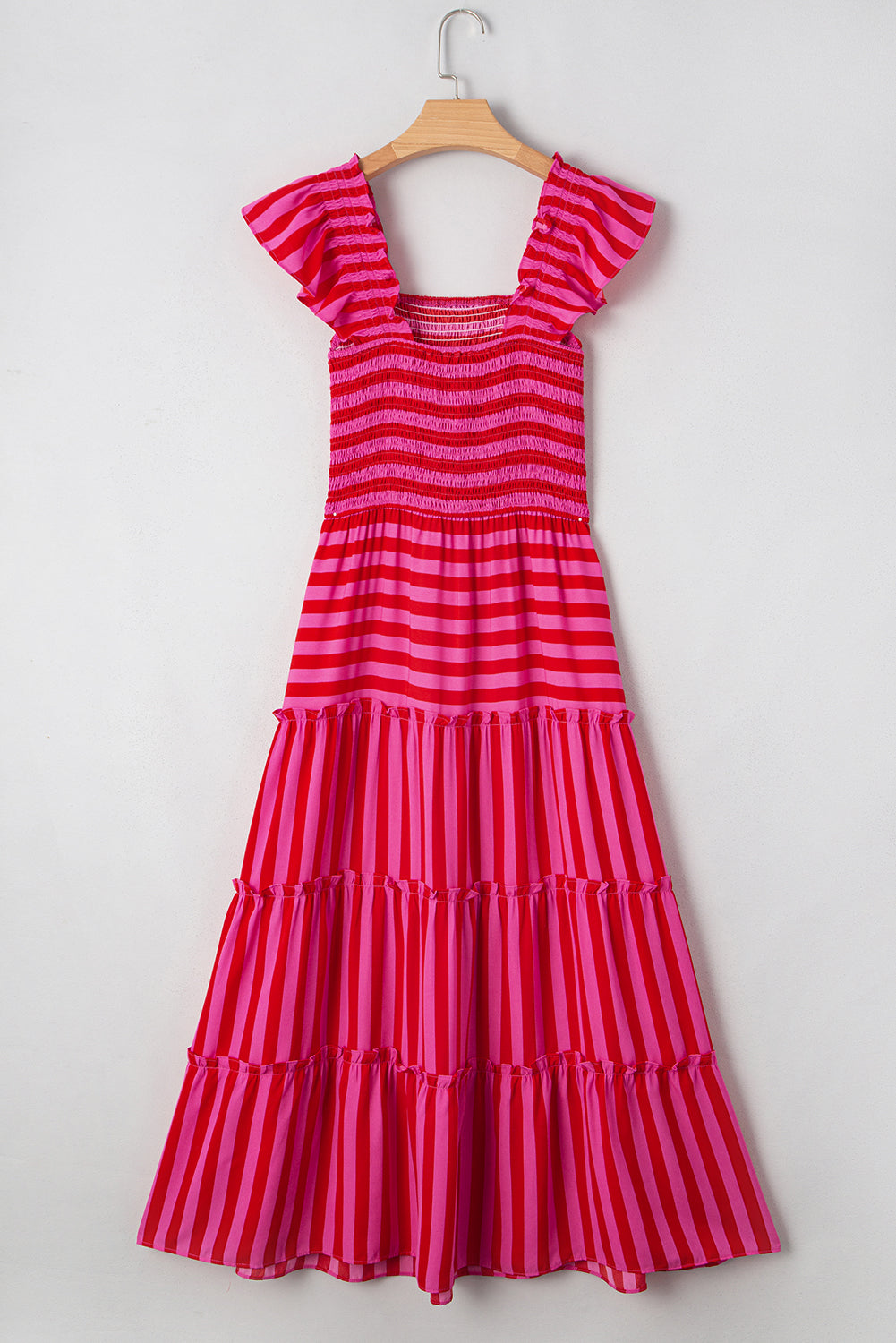 Stripe Smocked Bodice Flutter Sleeve Tiered Maxi Dress