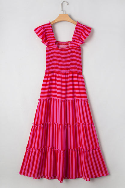 Stripe Smocked Bodice Flutter Sleeve Tiered Maxi Dress
