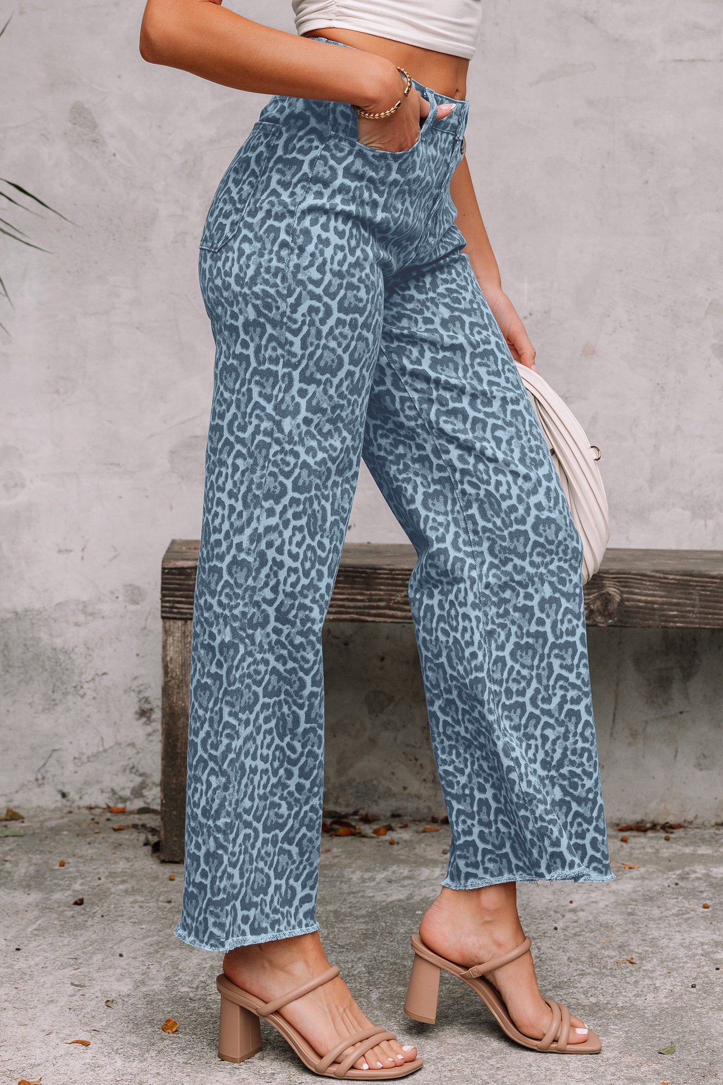 Leopard Frayed Edge High Waist Wide Leg Jeans
