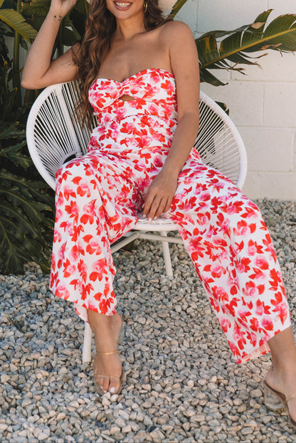 Pink Floral Print Twisted Bandeau Keyhole Pleated Wide Leg Jumpsuit