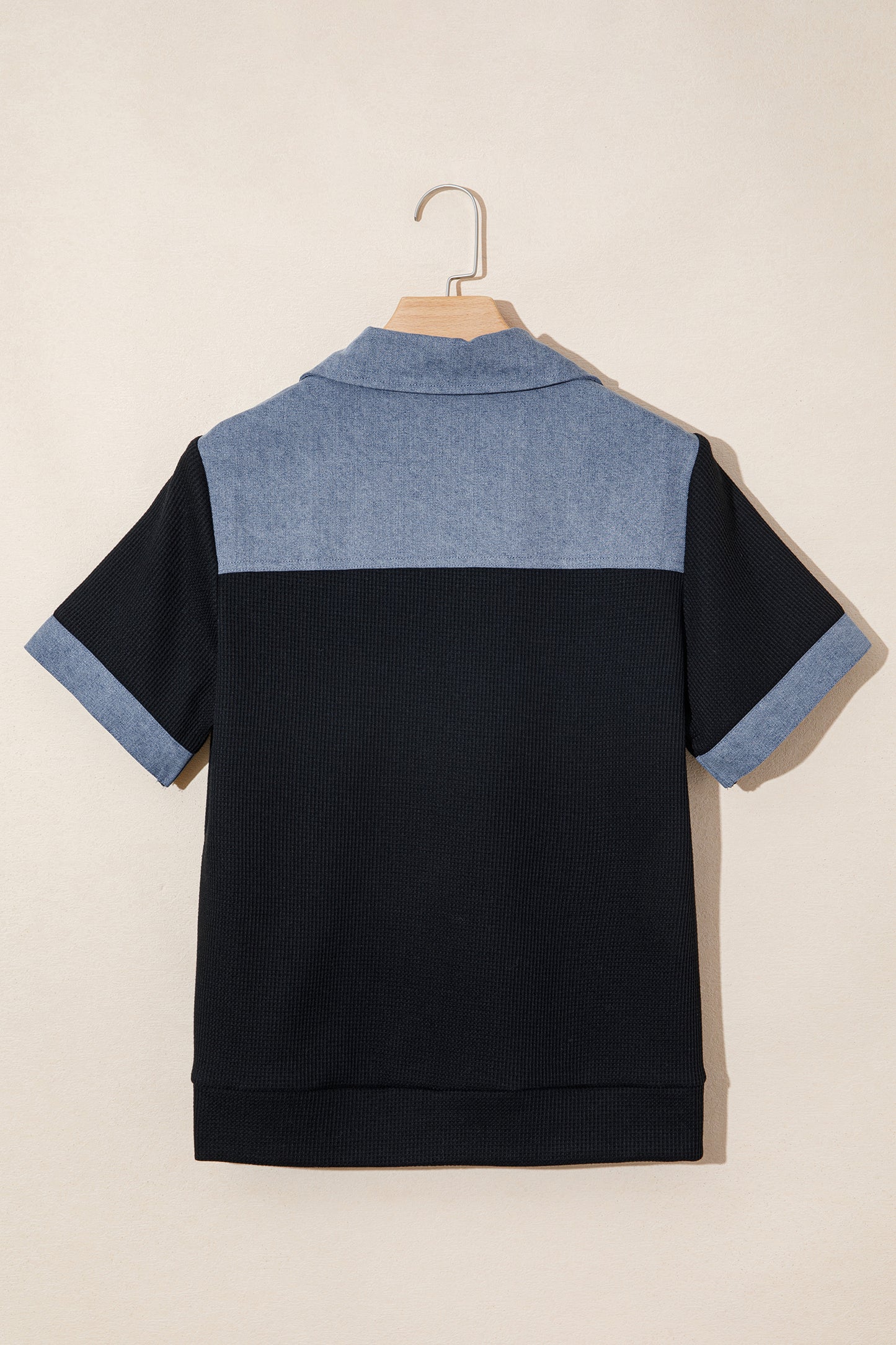 Colorblock Denim Waffle Knit Patchwork Polo Top