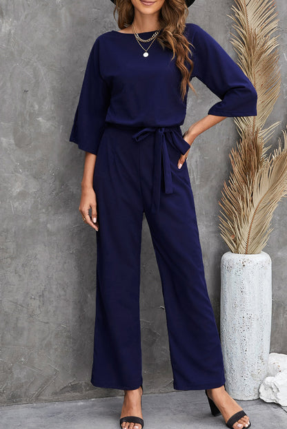 Solid 3/4 Sleeve Wide Leg Jumpsuit