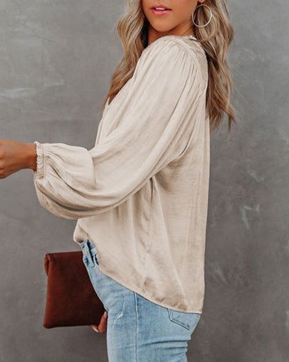 Pleated Balloon Sleeve V-Neck Blouse