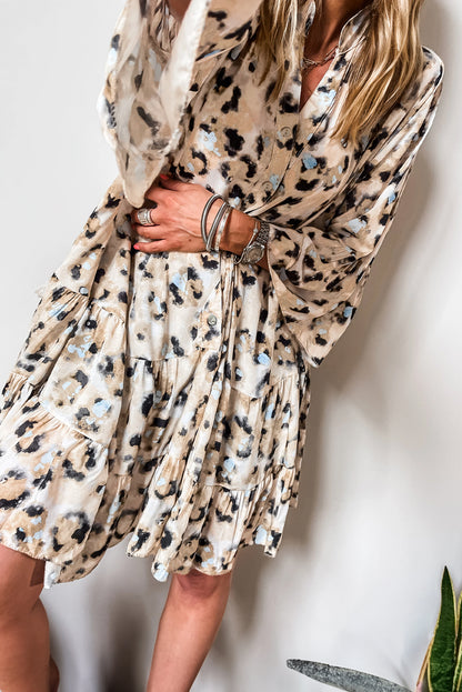 Leopard 3/4 Sleeve Ruffle Hem Dress