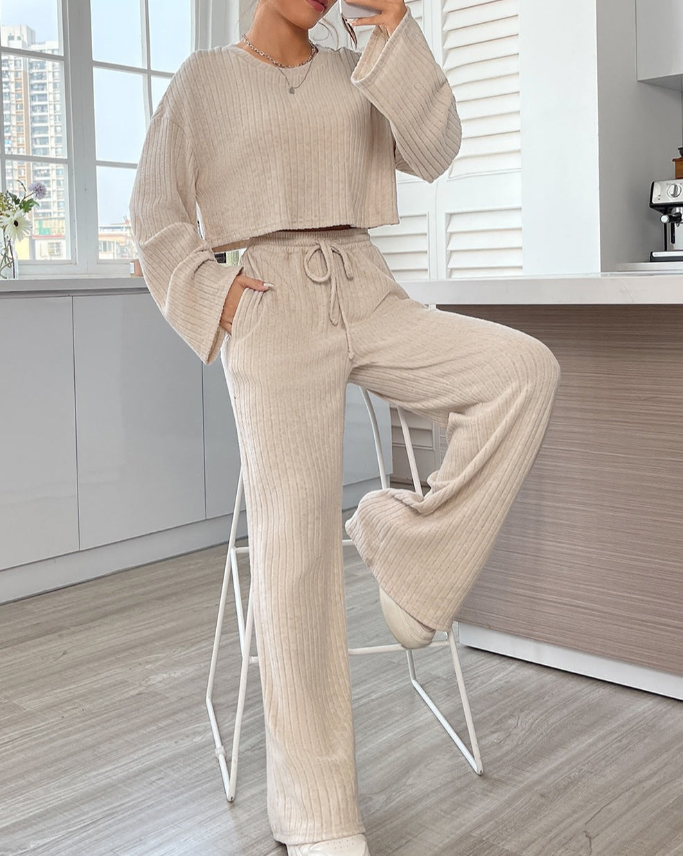 Ribbed Crop Top and Drawstring Pants Set