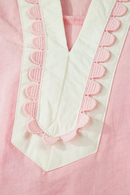 Scallop Trim Colorblock Puff Sleeve Mini Dress
