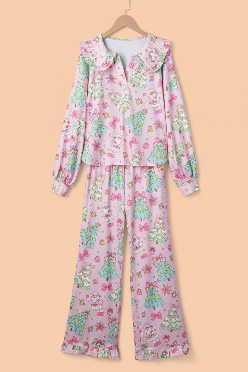 Christmas Ruffle Collared Top & Pants Pajama Set