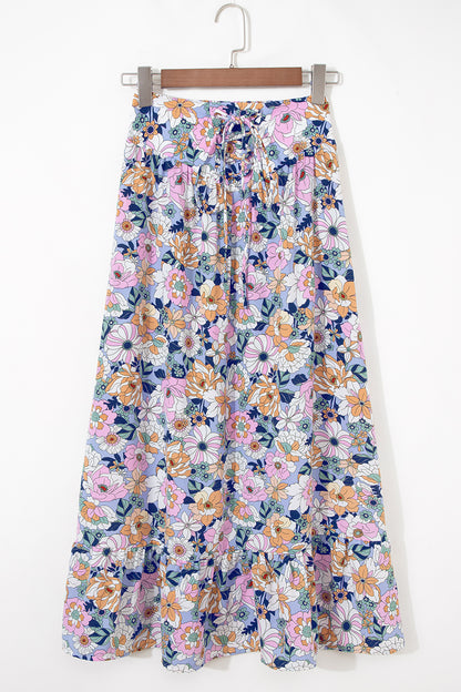 Floral Lace Up High Waist Ruffle Maxi Skirt