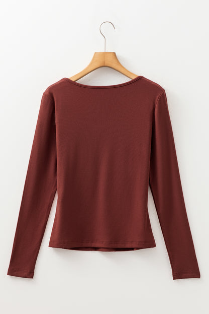 Gathered Bust Square Neck Ribbed Long Sleeve Top