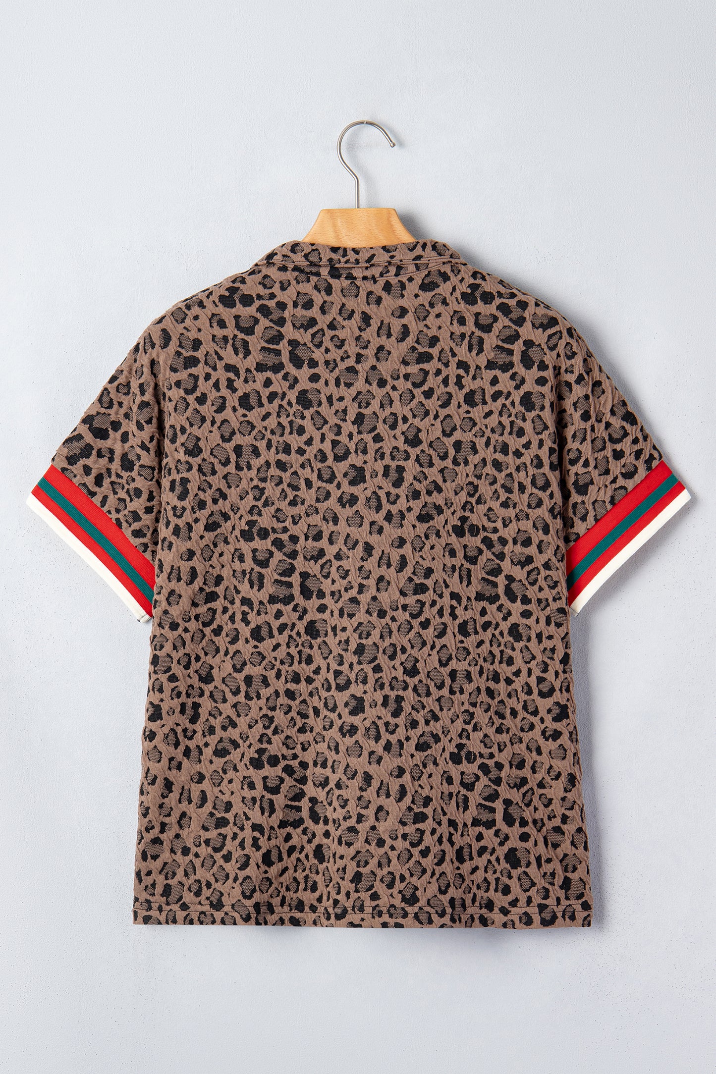 Leopard Stripe Patchwork Half Zip Collared Blouse